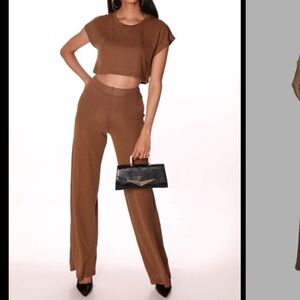 Daisy Pants & Crop Top Set. Brushed Knit High Waist Wide Leg Pants. Color Mocha.